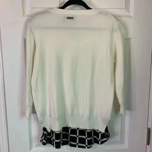 NWT Vecceli Italy White V Neck Layered Faux Checkered Shirt Hem Sweater, size S - Picture 7 of 8